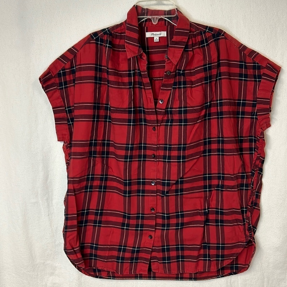 Madewell Women’s Top Size M Red Black Plaid Sleeveless Button Front 100% Cotton